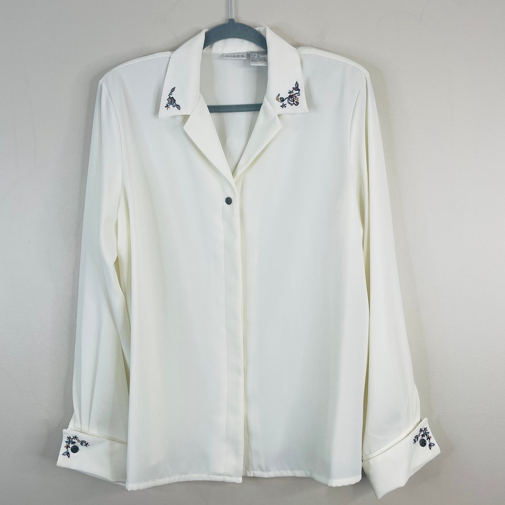 Vintage Embroidered Floral Top Womens 18 Button Up Cottage Old Money Career Chic